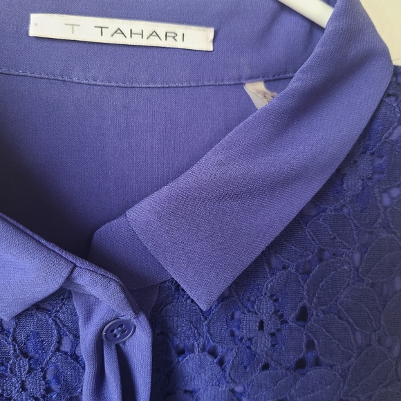 T Tahari Indigo Sheer Floral Embroidered Long Sleeve Button Up Top Size Medium - Picture 3 of 10